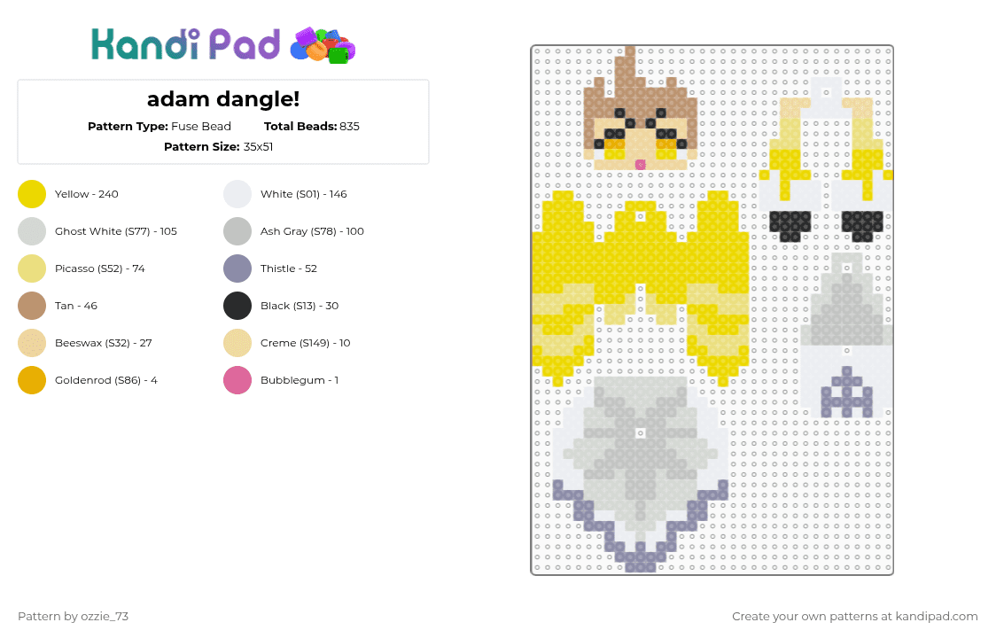 adam dangle! - Fuse Bead Pattern by ozzie_73 on Kandi Pad - beige,yellow,adam,hazbin,helluva,anime,animated,dangle,keychain,charm