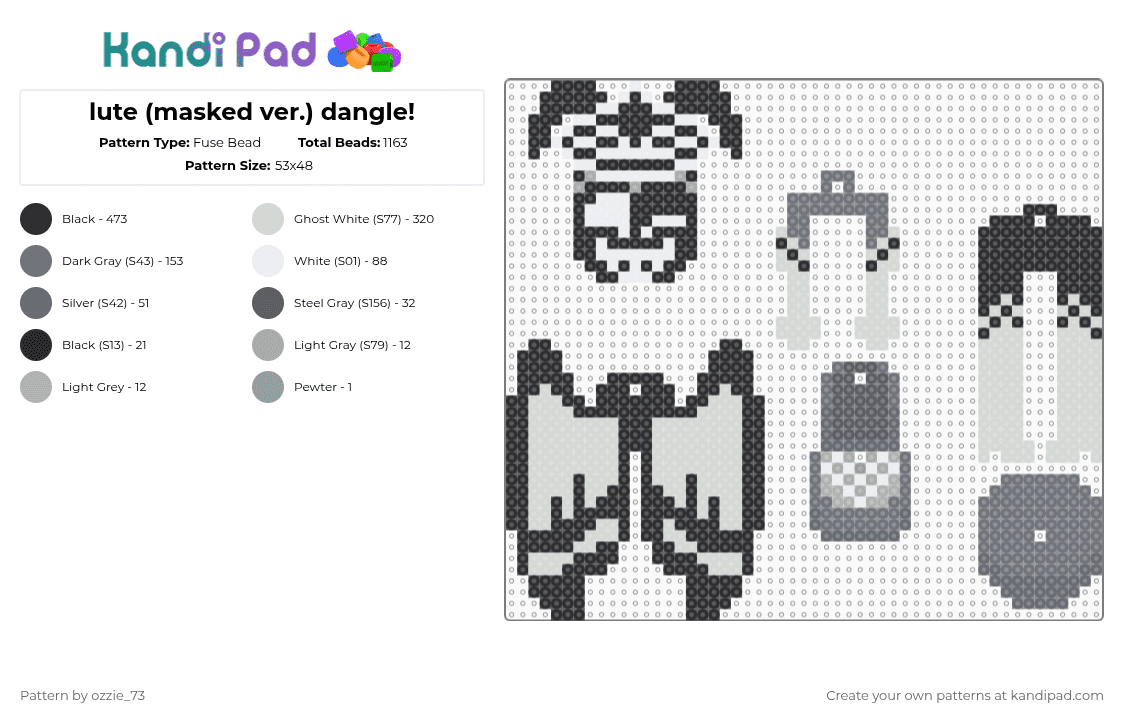lute (masked ver.) dangle! - Fuse Bead Pattern by ozzie_73 on Kandi Pad - white,gray,lute,hazbin,angel,anime,animated,dangle,keychain,charm