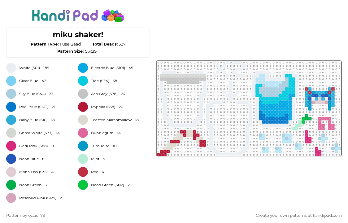 miku boba shaker! - Fuse Bead Pattern by ozzie_73 on Kandi Pad - light blue,shaker,miku,hatsune miku,vocaloid,keychain,charm,anime,cute