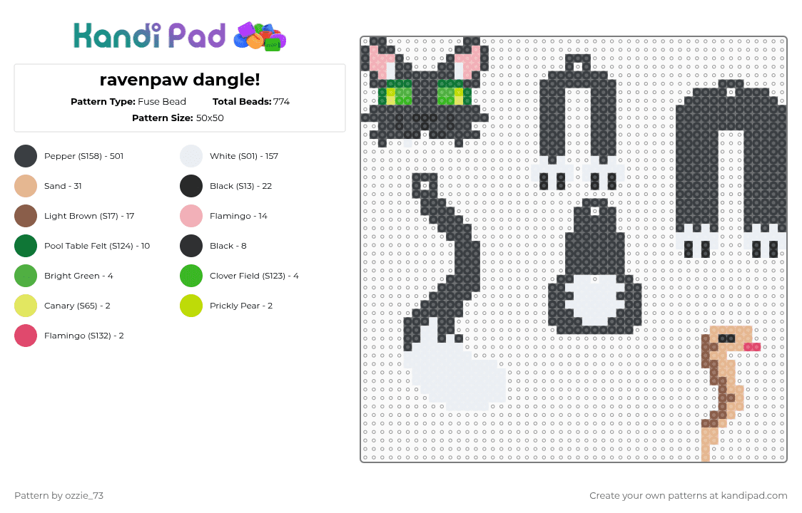 ravenpaw dangle! - Fuse Bead Pattern by ozzie_73 on Kandi Pad - black,white,beige,tan,colorful,dangle,ravenpaw,warriors,cats,cute,cat,keychain