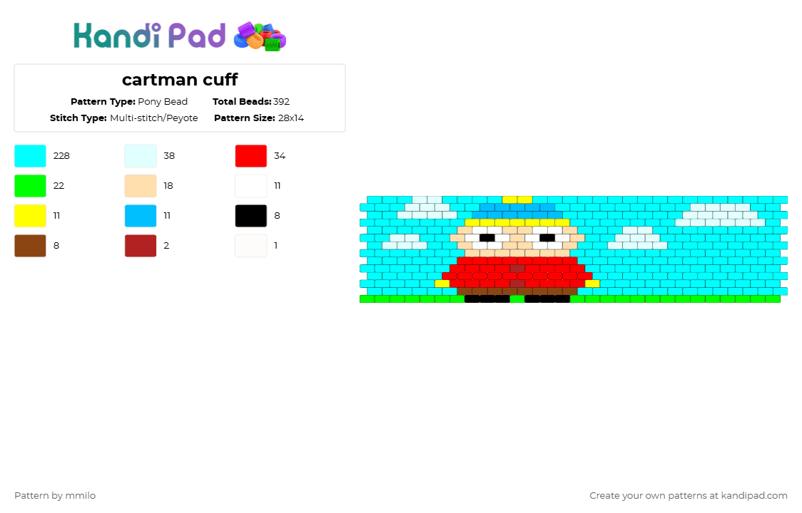 cartman cuff - Pony Bead Pattern by mmilo on Kandi Pad - cartman,south park,cartoon,light blue