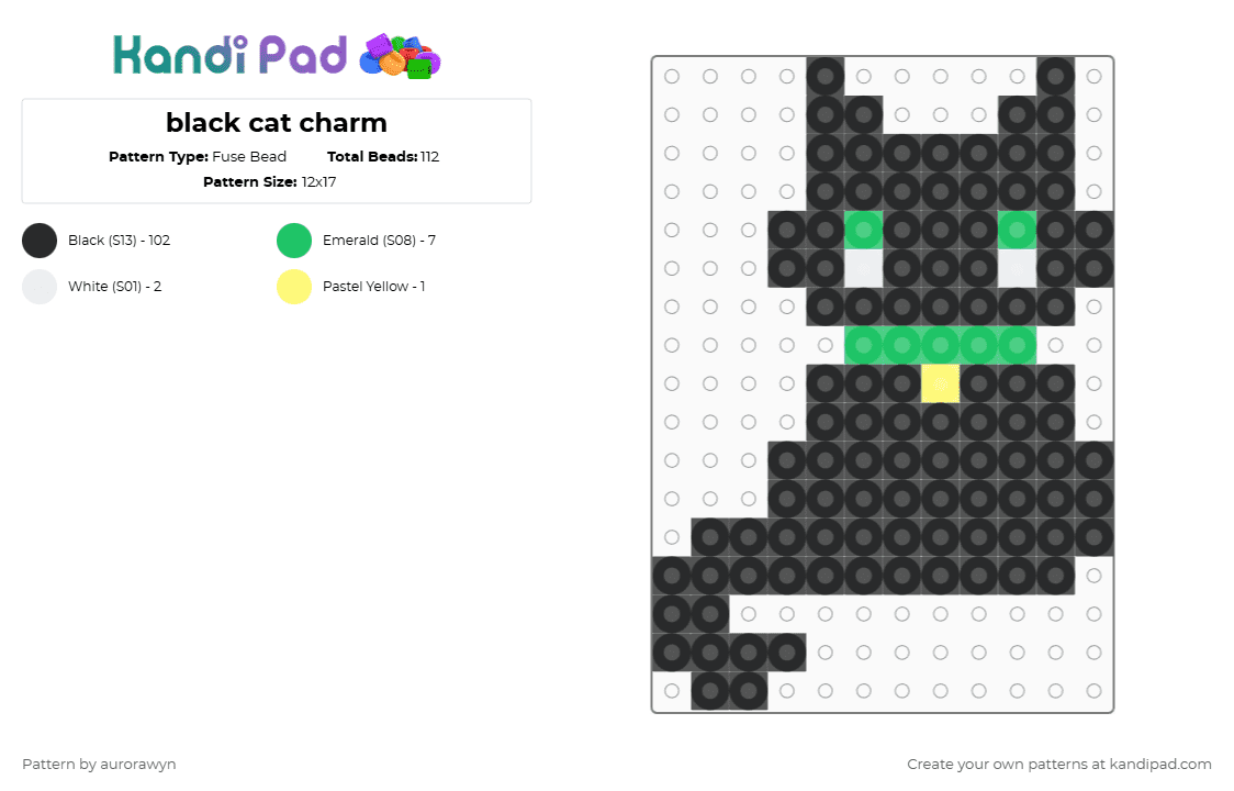 black cat charm - Fuse Bead Pattern by aurorawyn on Kandi Pad - black,green