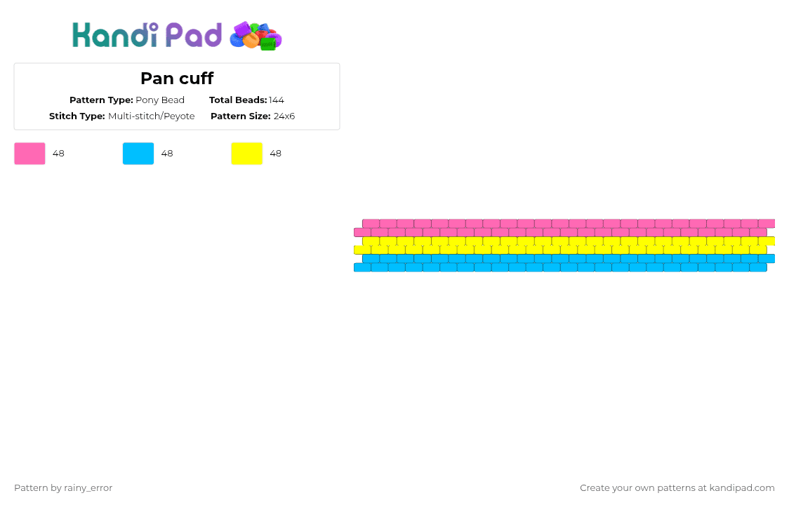 Pan cuff - Pony Bead Pattern by rainy_error on Kandi Pad - pink,light blue,yellow,pansexual,pride,cuff,kandi,pony beads