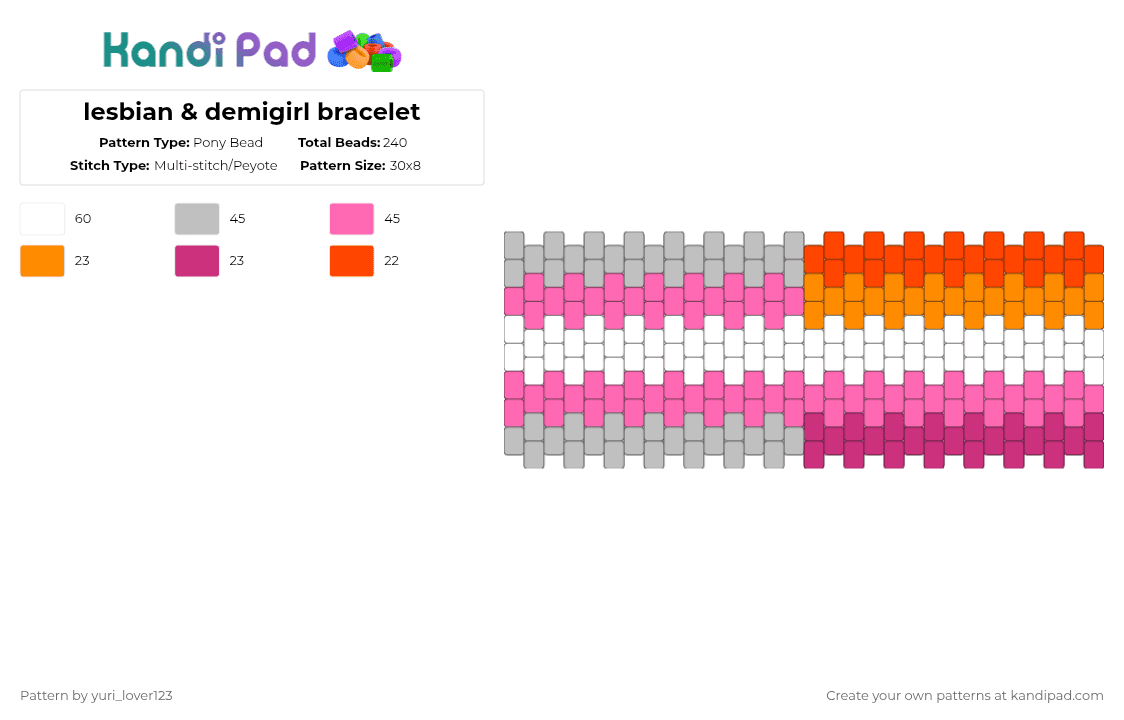 lesbian & demigirl bracelet - Pony Bead Pattern by yuri_lover123 on Kandi Pad - beige,pink,pride,lesbian,demigirl,remix