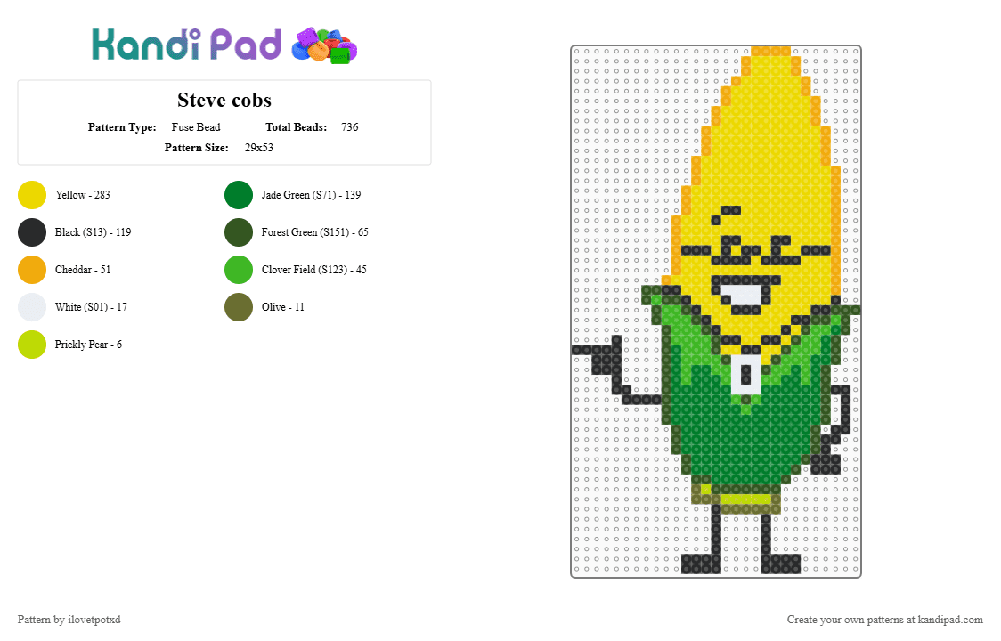 Steve cobs - Fuse Bead Pattern by ilovetpotxd on Kandi Pad - green, yellow