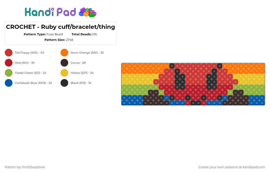 CROCHET - Ruby cuff/bracelet/thing - Fuse Bead Pattern by l1m1tl3ssp0wer on Kandi Pad - red,orange,bfdia,ruby,rainbow,freesmart,lrld,pointypointypointy,bfdi,bracelet