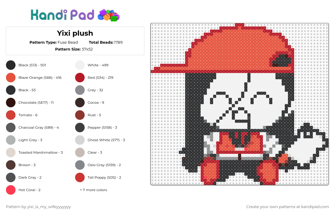 Yixi plush - Fuse Bead Pattern by yixi_is_my_wifeyyyyyyy on Kandi Pad - white,red,yixi,yixi plushie,vocaloid,butchers vanity,plush yixi