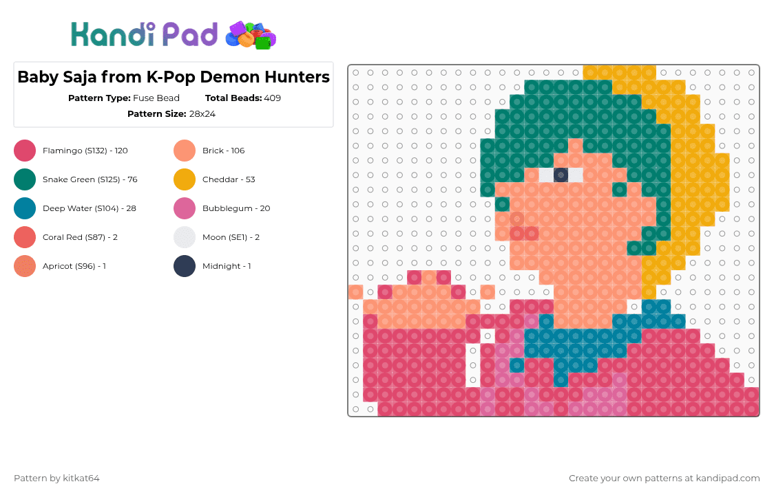 Baby Saja from K-Pop Demon Hunters - Fuse Bead Pattern by kitkat64 on Kandi Pad - orange,teal,red