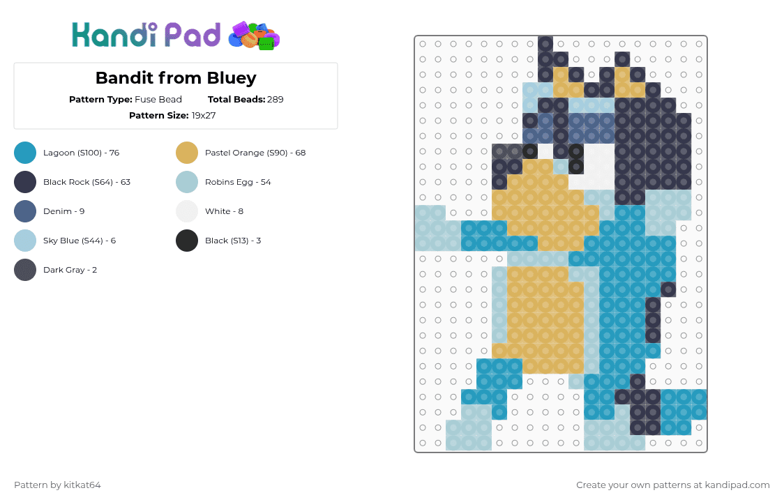 Bandit from Bluey - Fuse Bead Pattern by kitkat64 on Kandi Pad - purple,light blue,orange