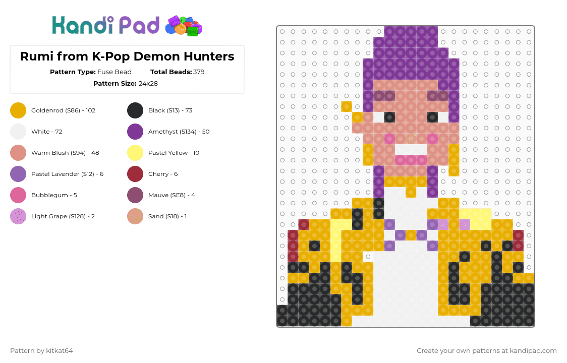Rumi from K-Pop Demon Hunters - Fuse Bead Pattern by kitkat64 on Kandi Pad - pink,beige,orange
