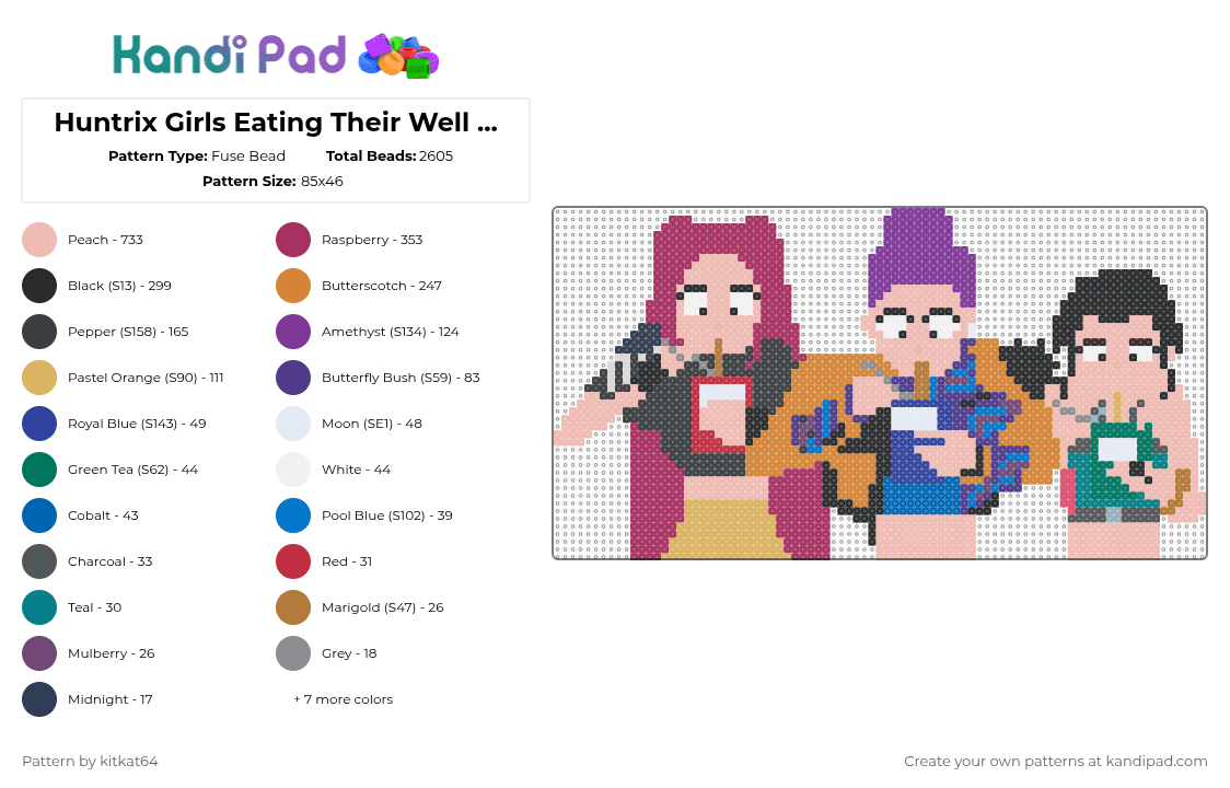 Huntrix Girls Eating Their Well Earned Ramen - Fuse Bead Pattern by kitkat64 on Kandi Pad - kpop demon hunters,beige,pink,orange