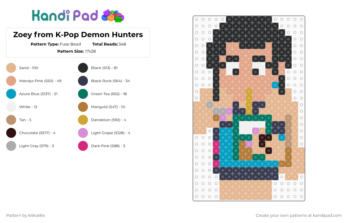 Zoey from K-Pop Demon Hunters - Fuse Bead Pattern by kitkat64 on Kandi Pad - beige,purple