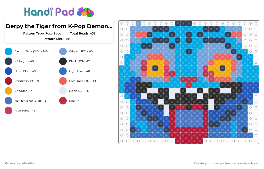 Derpy the Tiger from K-Pop Demon Hunters - Fuse Bead Pattern by kitkat64 on Kandi Pad - light blue,blue