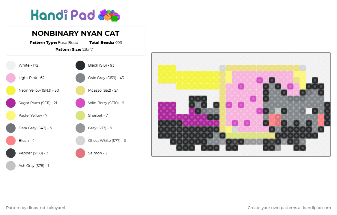 NONBINARY NYAN CAT - Fuse Bead Pattern by k4s4n3_t3t0 on Kandi Pad - white,yellow,pink,gray,request
