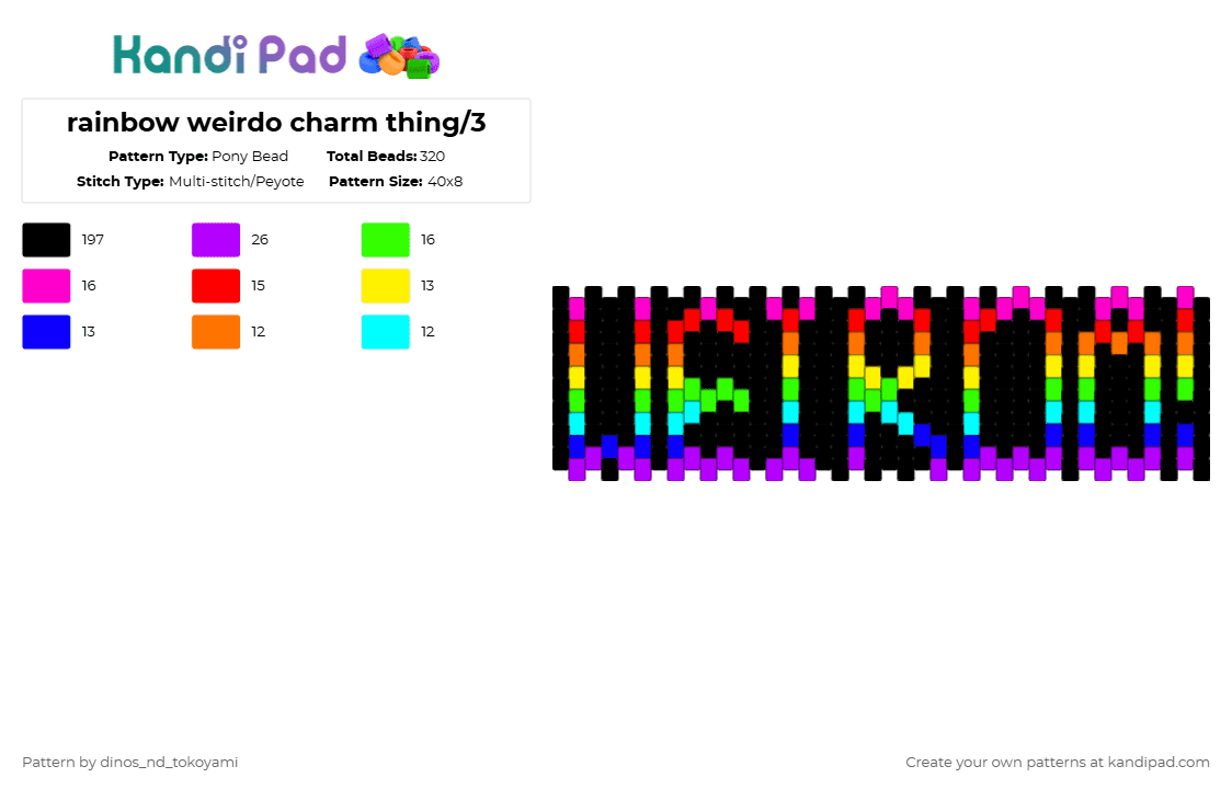 rainbow weirdo charm thing/ numbered - Pony Bead Pattern by k4s4n3_t3t0 on Kandi Pad - black,green,purple,pink
