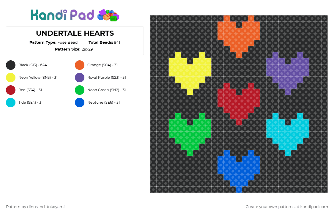 UNDERTALE HEARTS - Fuse Bead Pattern by k4s4n3_t3t0 on Kandi Pad - black,yellow,red,light blue,colorful,yay