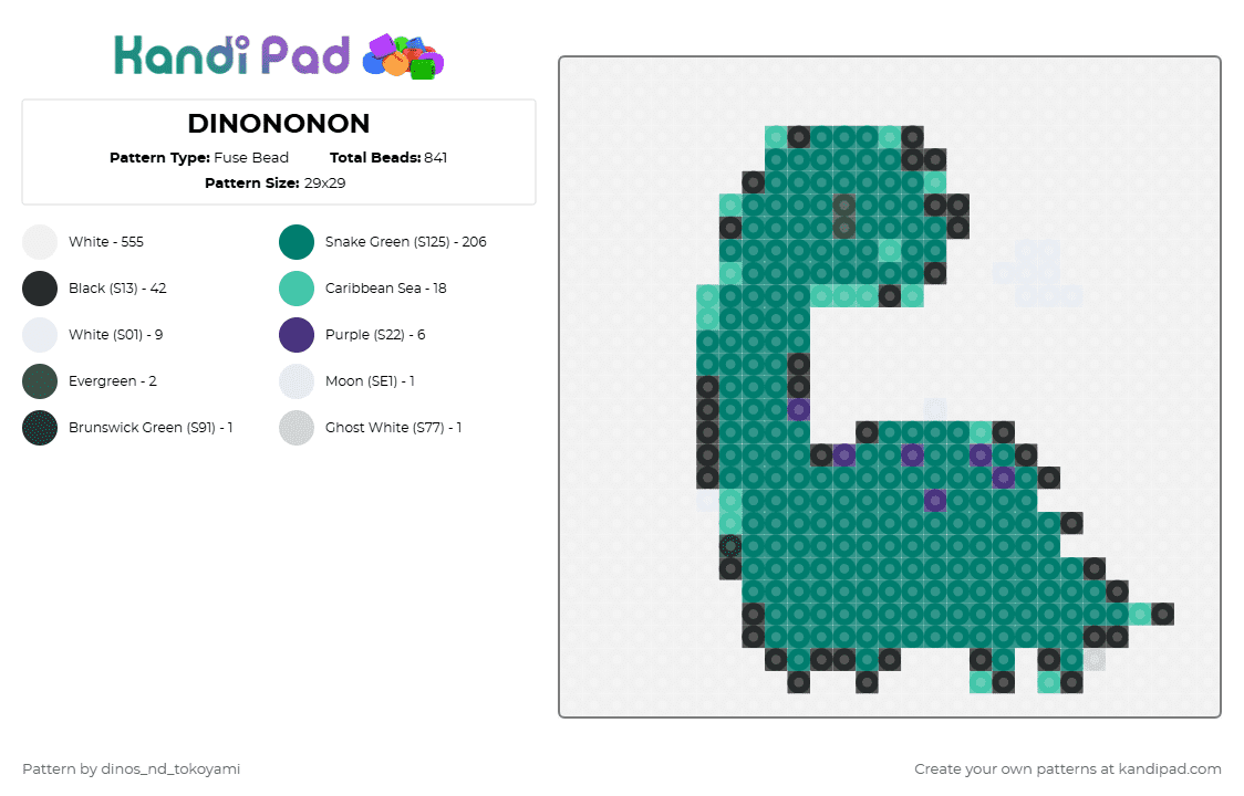 DINONONON - Fuse Bead Pattern by k4s4n3_t3t0 on Kandi Pad - white,teal,dino,cute,blue