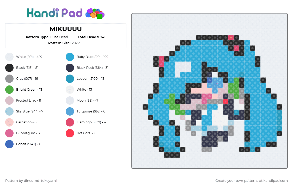 MIKUUUU - Fuse Bead Pattern by k4s4n3_t3t0 on Kandi Pad - white,light blue,miku,slay