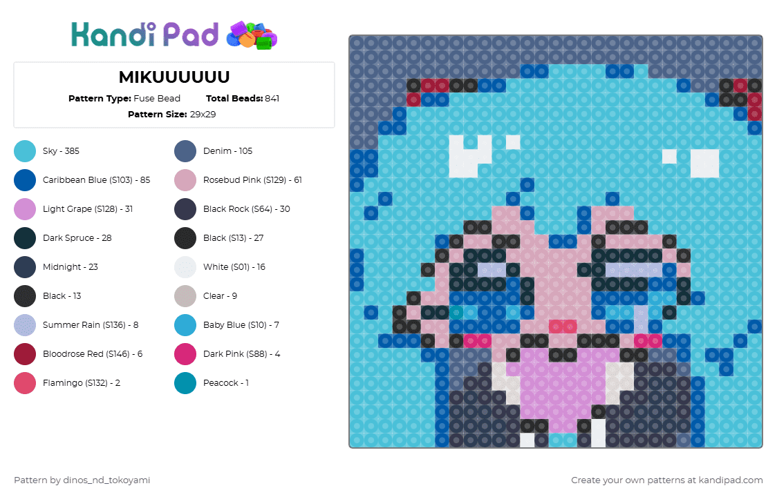 MIKUUUUUU - Fuse Bead Pattern by k4s4n3_t3t0 on Kandi Pad - light blue,blue,pink,miku,vocaloid,chibi,perler