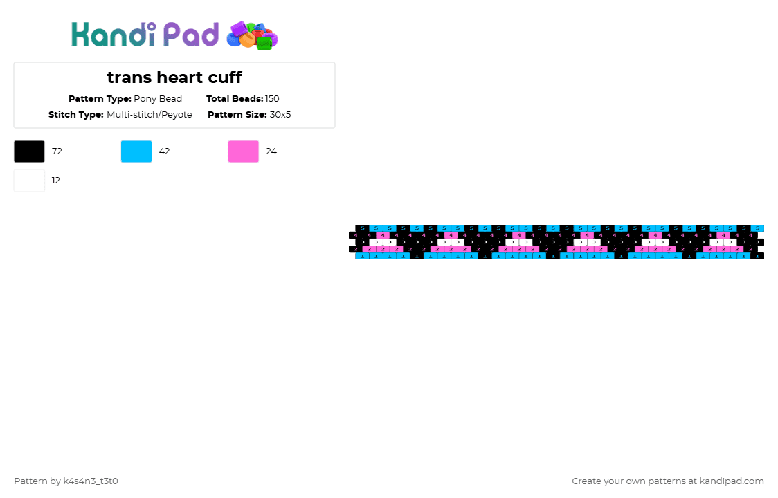 trans heart cuff/ numbered - Pony Bead Pattern by k4s4n3_t3t0 on Kandi Pad - light blue,pink,pride,heart,trans