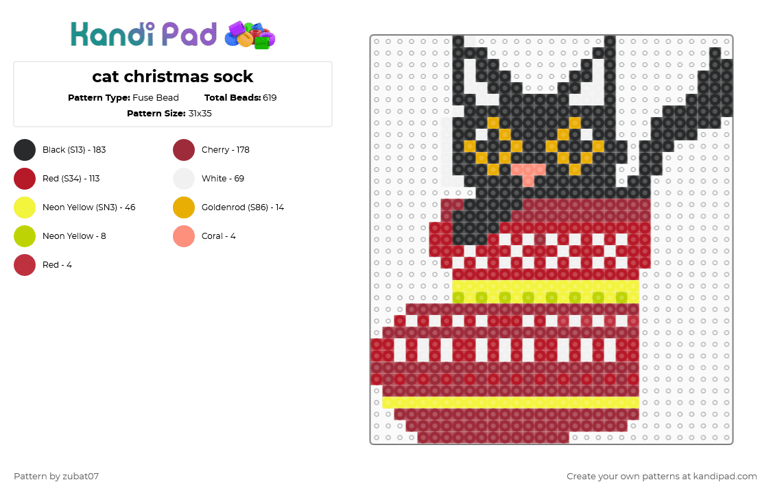 cat christmas sock - Fuse Bead Pattern by zubat07 on Kandi Pad - stocking,cat,animal,red