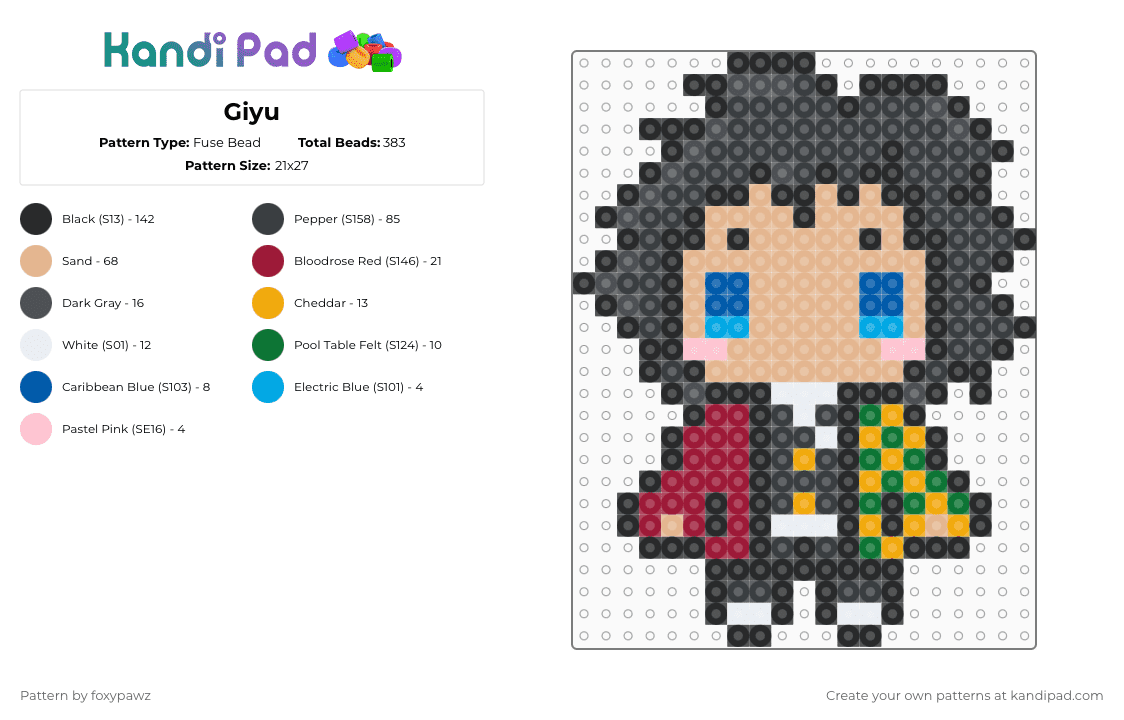 Giyu - Fuse Bead Pattern by foxypawz on Kandi Pad - black,gray,beige,red
