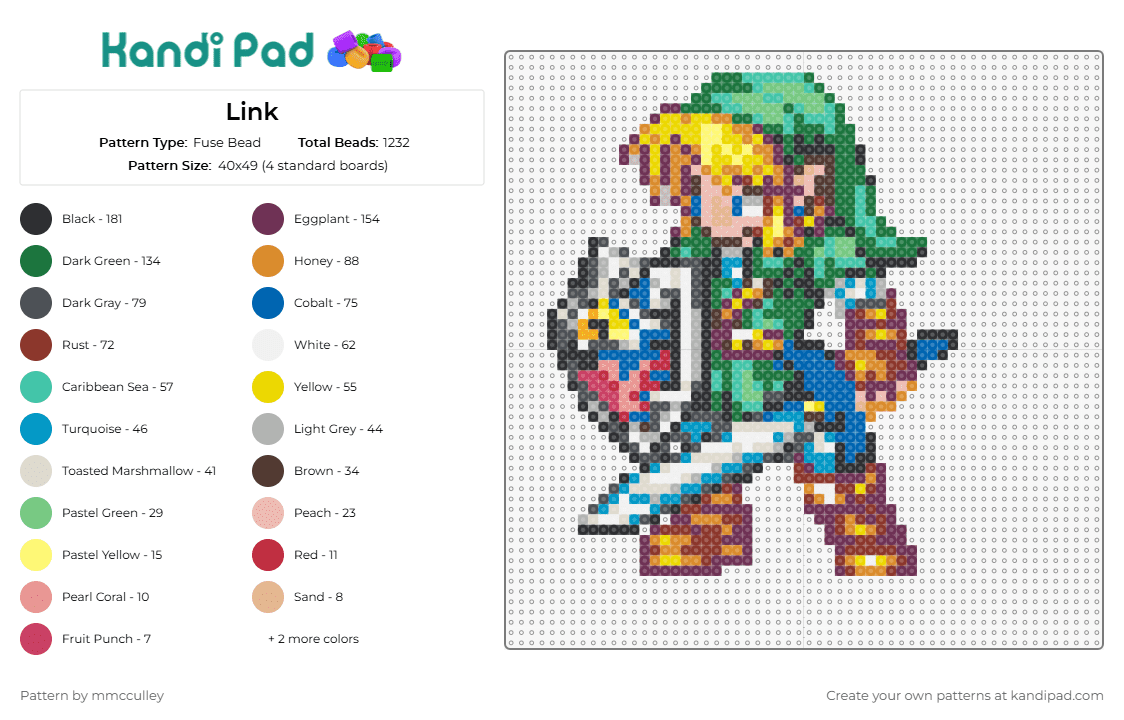 Link - Fuse Bead Pattern by mmcculley on Kandi Pad - link,legend of zelda,sword,shield,character,adventure,video game,blonde,green,brown,blue