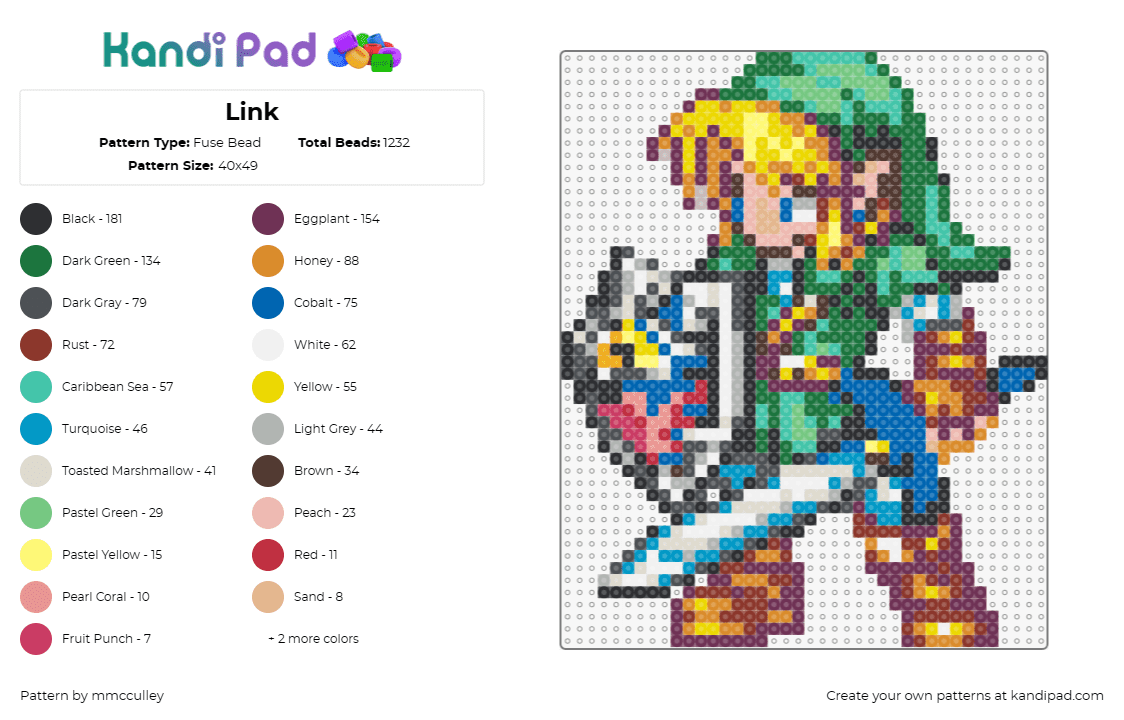 Link - Fuse Bead Pattern by mmcculley on Kandi Pad - link,legend of zelda,sword,shield,character,adventure,video game,blonde,green,br