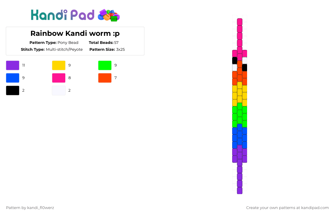 Rainbow Kandi worm :p - Pony Bead Pattern by kandi_fl0werz on Kandi Pad - yellow,green,blue,purple