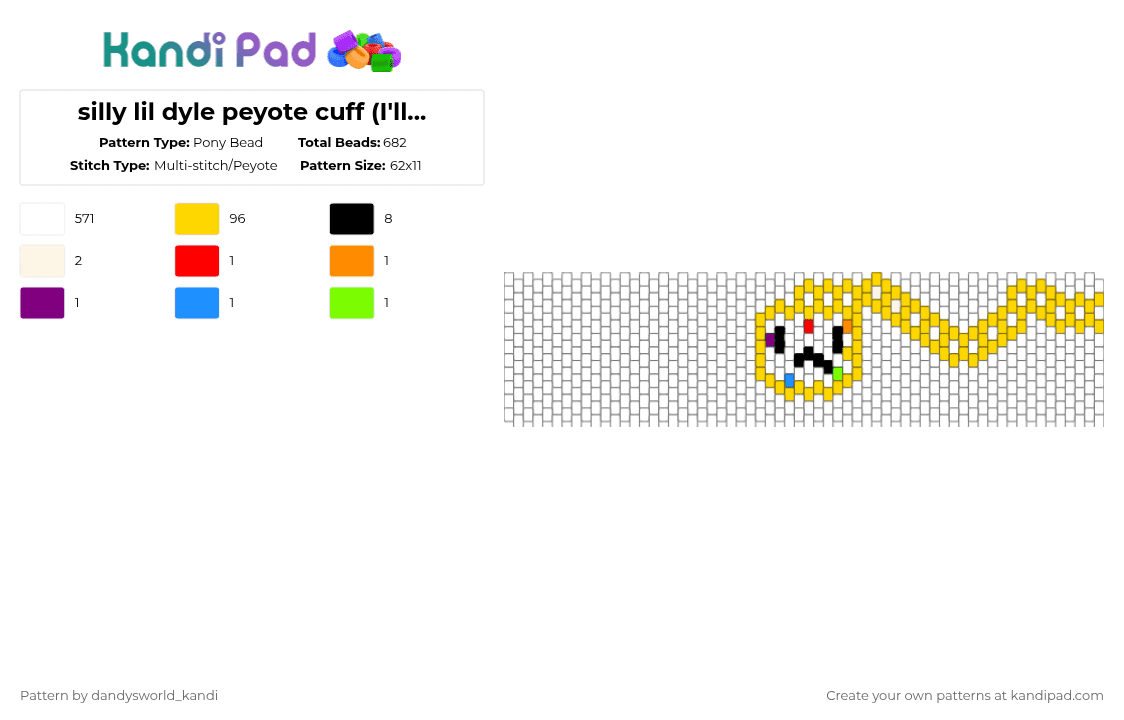 silly lil dyle peyote cuff (I\'ll take more requests in comments) - Pony Bead Pattern by dandysworld_kandi on Kandi Pad - white,yellow