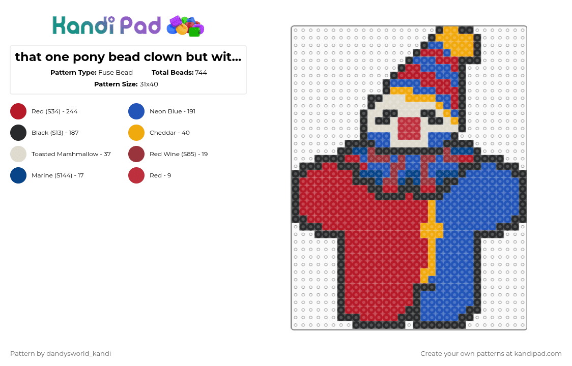 that one pony bead clown but with perler (: - Fuse Bead Pattern by dandysworld_kandi on Kandi Pad - blue,red
