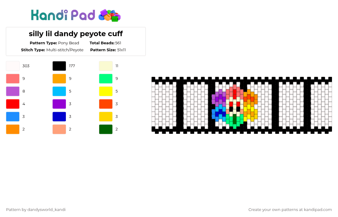 silly lil dandy peyote cuff - Pony Bead Pattern by dandysworld_kandi on Kandi Pad - white,red,orange,light blue,teal,colorful