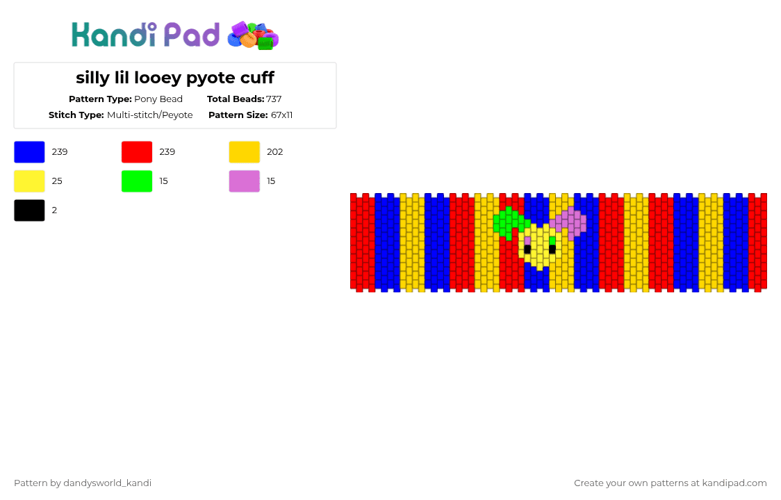 silly lil looey pyote cuff - Pony Bead Pattern by dandysworld_kandi on Kandi Pad - purple,red,yellow