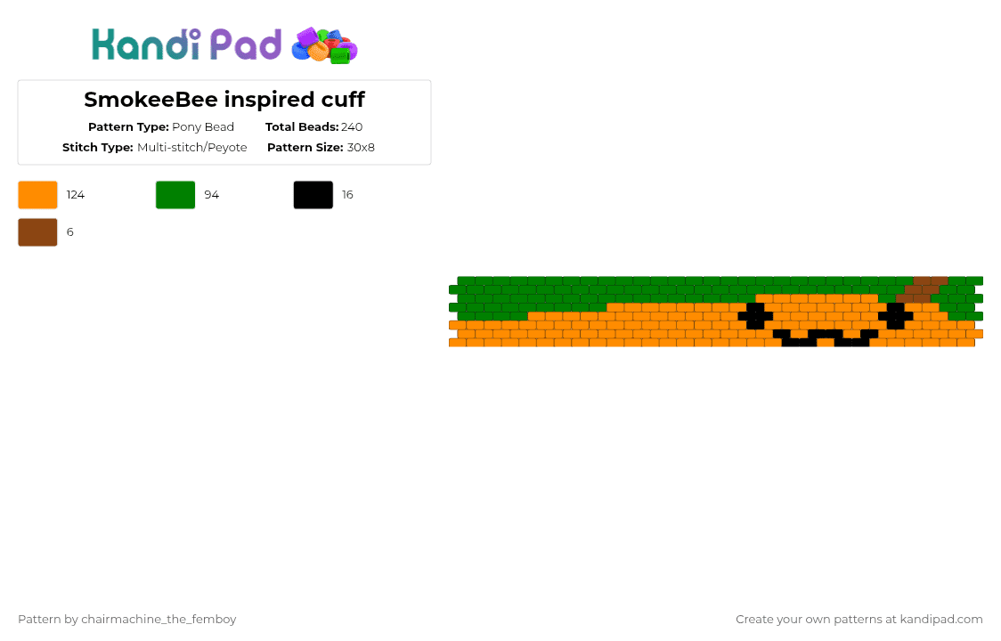 SmokeeBee inspired cuff - Pony Bead Pattern by chairmachine on Kandi Pad - cotdhalloween2025, green, orange