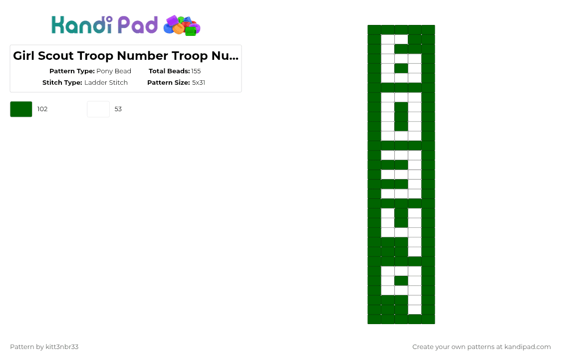 Girl Scout Troop Number Troop Number - Pony Bead Pattern by kitt3nbr33 on Kandi Pad - green,white
