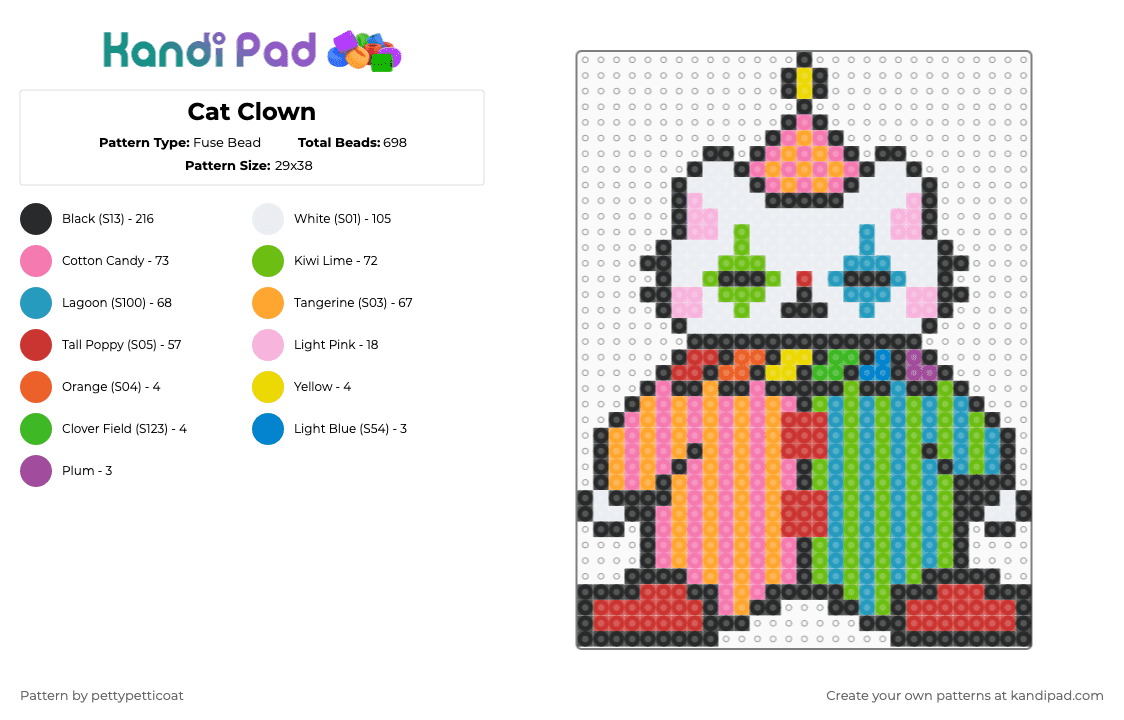 Cat Clown - Fuse Bead Pattern by pettypetticoat on Kandi Pad - pink,green,red,colorful,cat,clown