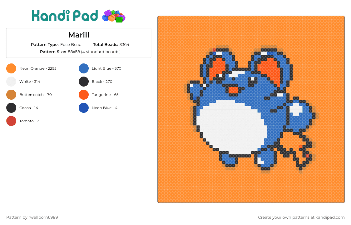Marill - Fuse Bead Pattern by rwellborn6989 on Kandi Pad - marill,pokemon,adorable,charming,cute,splash,color,joy,blue