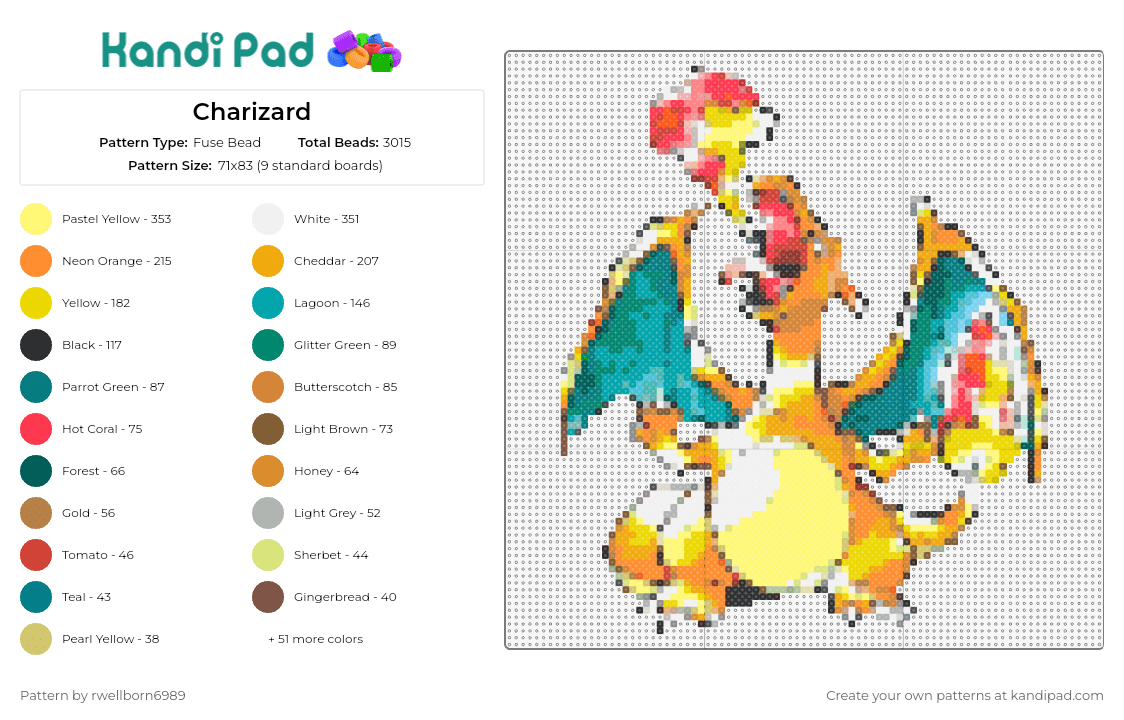 Charizard - Fuse Bead Pattern by rwellborn6989 on Kandi Pad - charizard,pokemon,charmander,majestic,fiery energy,power,orange,yellow,dragon