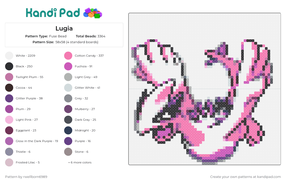 Lugia - Fuse Bead Pattern by rwellborn6989 on Kandi Pad - lugia,pokemon,serene,powerful,imagination,guardian,elegance,pink