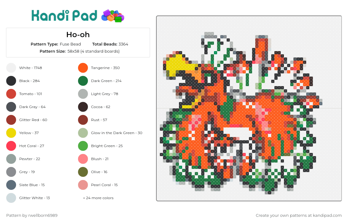 Ho-oh - Fuse Bead Pattern by rwellborn6989 on Kandi Pad - hooh,pokemon,legendary,majestic,fire,vibrant,red,green