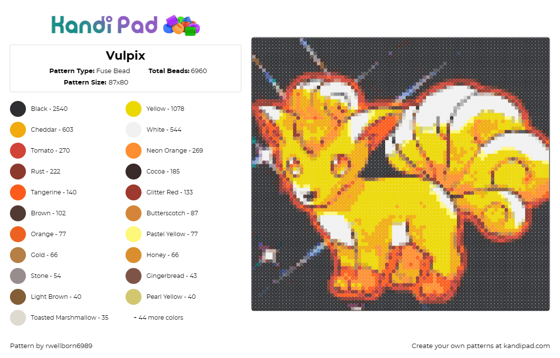 Vulpix - Fuse Bead Pattern by rwellborn6989 on Kandi Pad - vulpix,pokemon,warm palette,fiery spirit,orange,animal,gaming