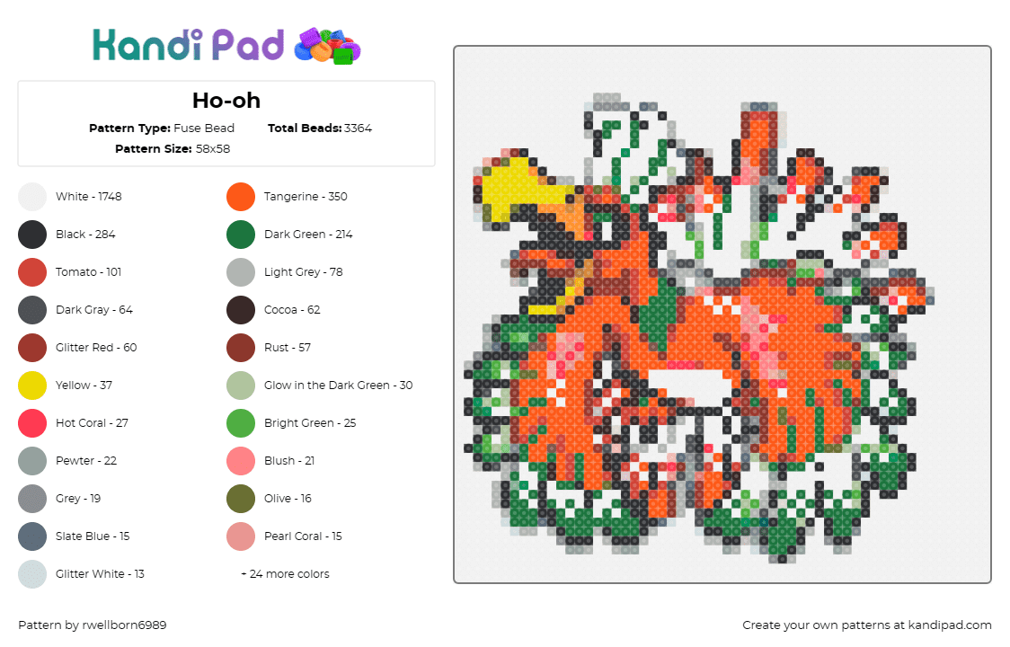 Ho-oh - Fuse Bead Pattern by rwellborn6989 on Kandi Pad - ho oh,pokemon,legendary,fiery,gaming,red,green