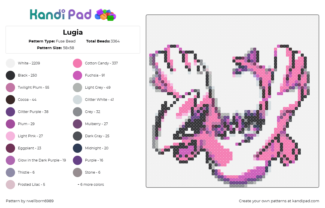 Lugia - Fuse Bead Pattern by rwellborn6989 on Kandi Pad - lugia,pokemon,serene,powerful,imagination,guardian,elegance,pink