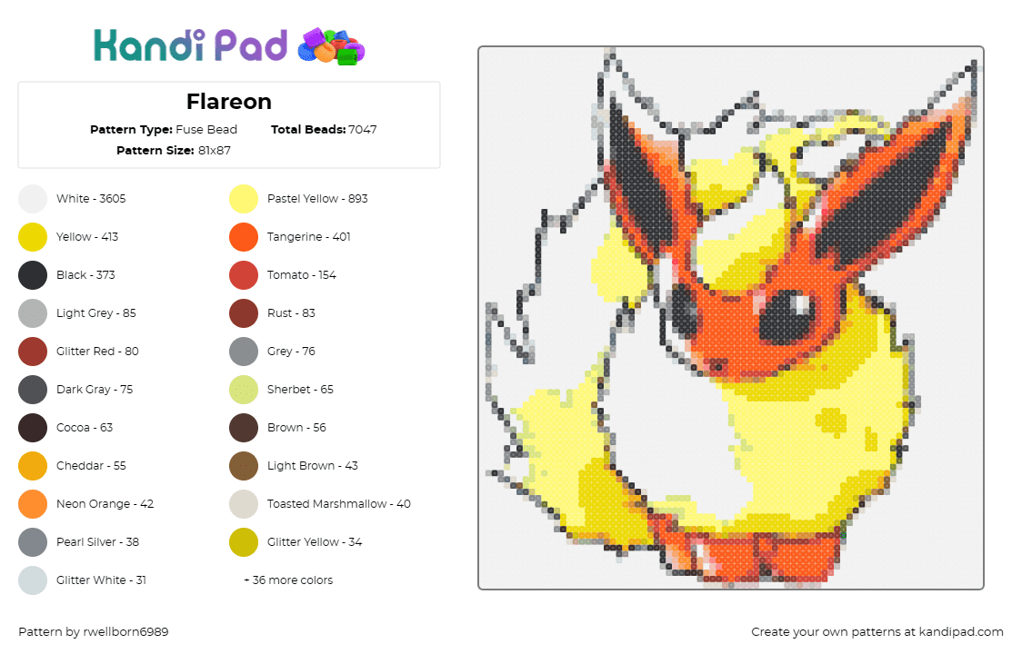 Flareon - Fuse Bead Pattern by rwellborn6989 on Kandi Pad - flareon,eevee,pokemon,fiery,vibrant,warm,nostalgia,orange,yellow