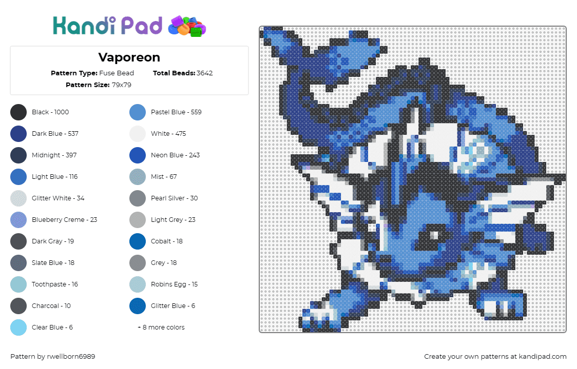 Vaporeon - Fuse Bead Pattern by rwellborn6989 on Kandi Pad - vaporeon,pokemon,eevee,aquatic,character,creature,gaming,blue,white