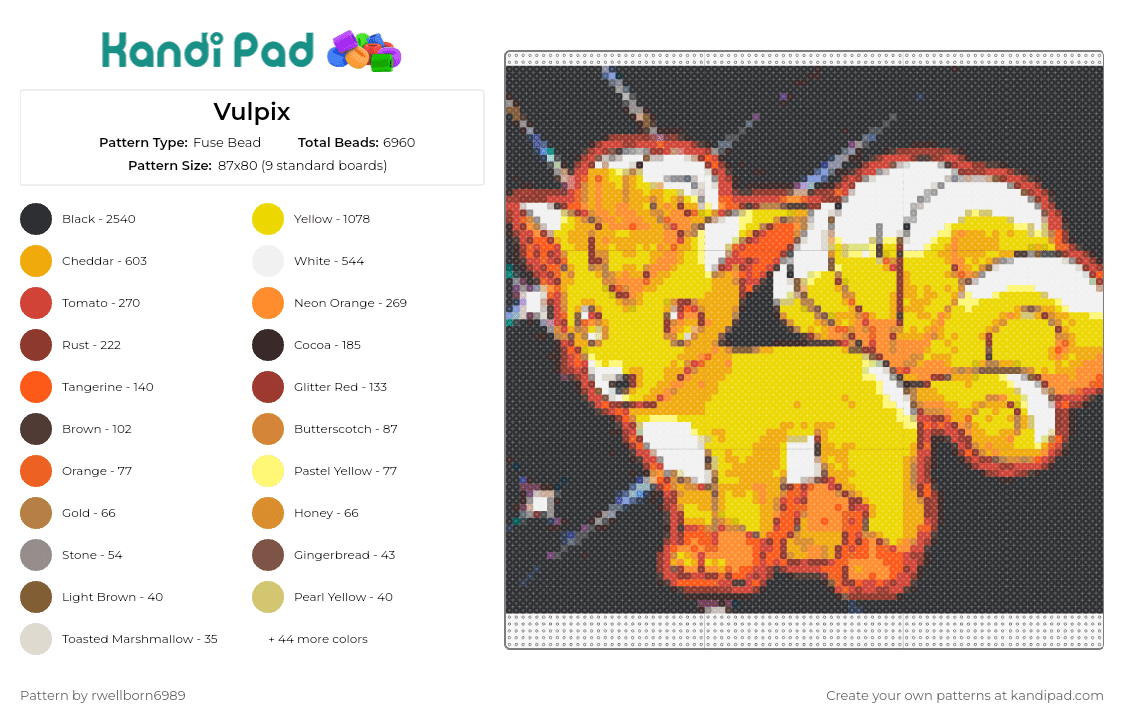 Vulpix - Fuse Bead Pattern by rwellborn6989 on Kandi Pad - vulpix,pokemon,dynamic,warm palette,fiery spirit,orange,animal,gaming