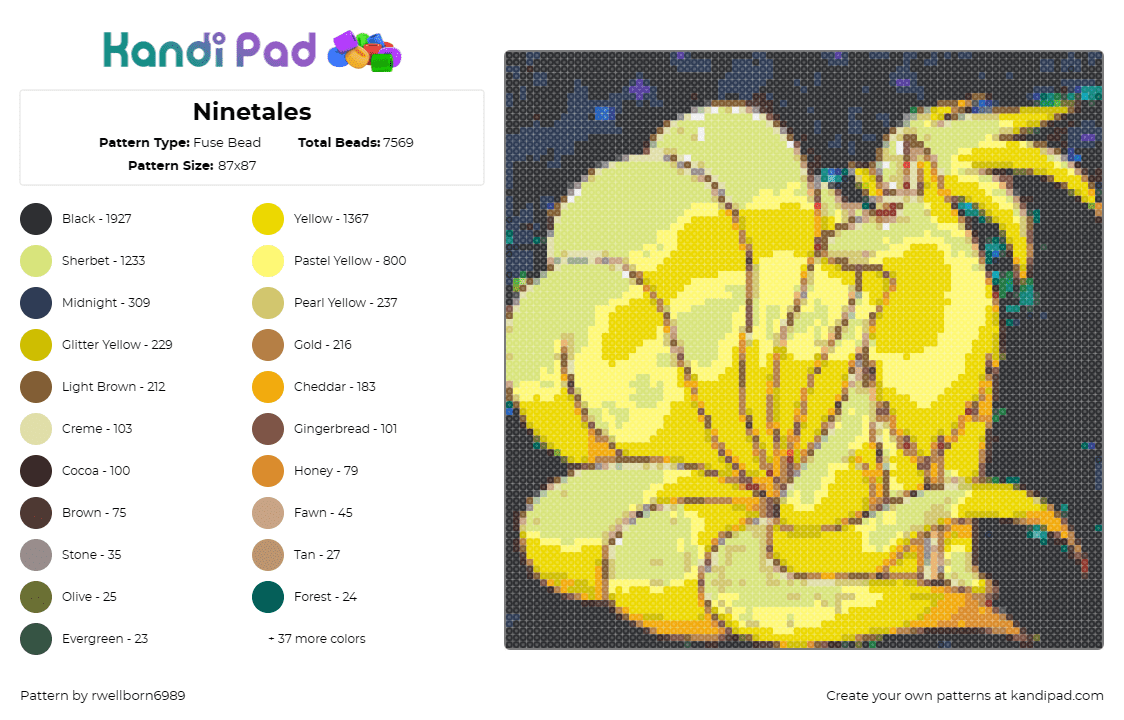 Ninetales - Fuse Bead Pattern by rwellborn6989 on Kandi Pad - ninetales,pokemon,mythical,creature,yellow,cream,night sky,folklore,majestic