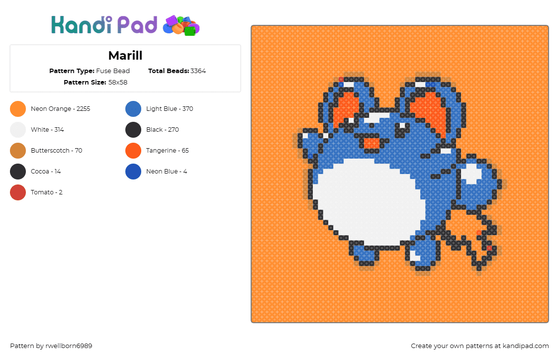 Marill - Fuse Bead Pattern by rwellborn6989 on Kandi Pad - marill,pokemon,adorable,cute,splash,color,joy,blue