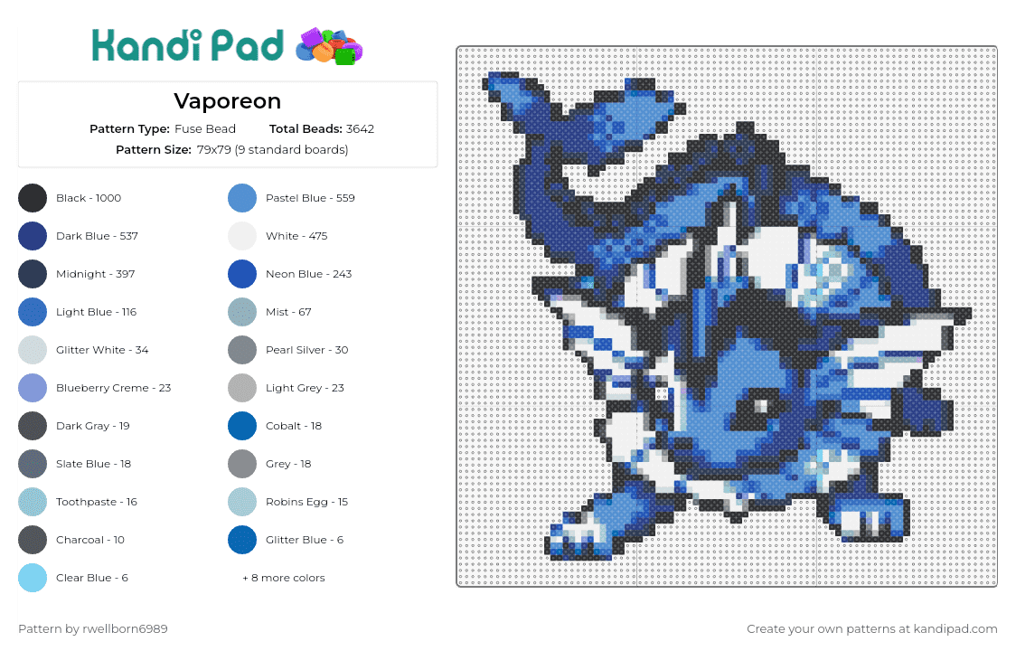 Vaporeon - Fuse Bead Pattern by rwellborn6989 on Kandi Pad - vaporeon,eevee,pokemon,aquatic,nostalgia,whimsical,oceanic,marine,blue
