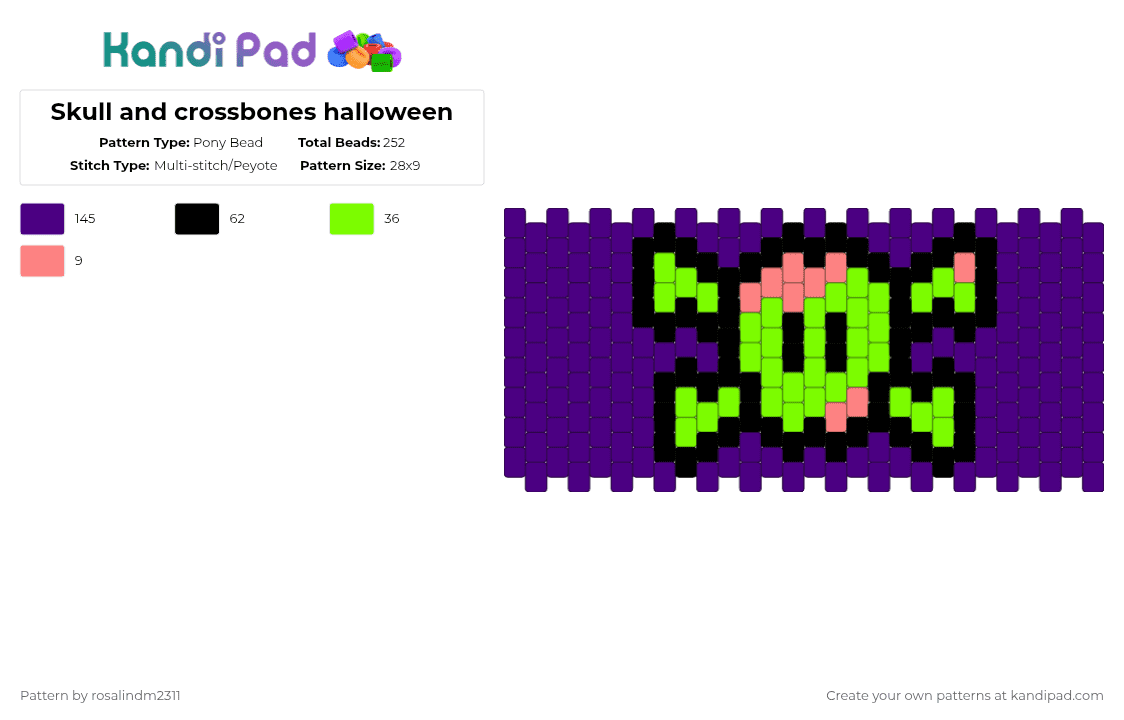 Skull and crossbones halloween - Pony Bead Pattern by rosalindm2311 on Kandi Pad - purple,halloween